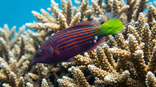 Vibrant yellowtail purple wrasse cruising over hard coral reef