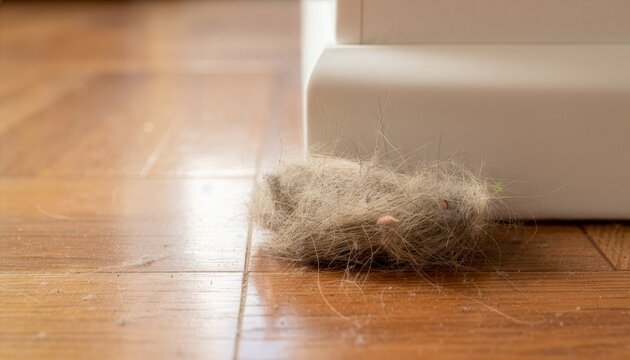 Close-up of a large accumulation of pet hair gathered in the corner of a hardwood floor.