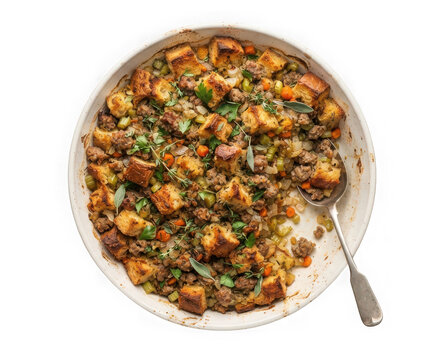 Savory sausage and herb stuffing in a baking dish isolated on transparent background