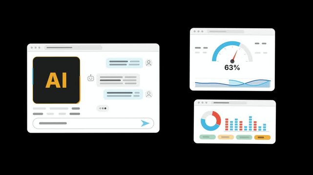 AI Assistant Chat Window Interface Animation, White App UI Mockup Black Background, Coral Cyan Amber Accent Chips, Chatbot Conversation, Software Product Demo, Machine Learning, Widescreen Loop