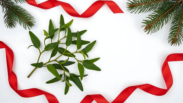 Green plant sprig and red ribbon border on a plain white holiday background surface with green sprig leaves placed centrally white background framed pine branches red satin ribbons