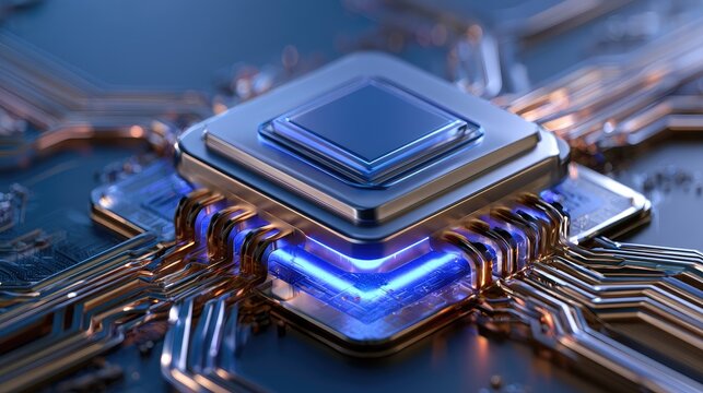 Digital close-up of futuristic microchip technology highlighting intricate circuit design and glowing components for innovation and technology themes