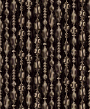 Seamless abstract background, sophisticated industrial pattern with 3D metallic spindle shapes and vintage bronze textures
