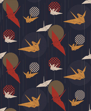 Seamless background, sophisticated modern Japanese origami cranes with geometric patterns and elegant navy textures