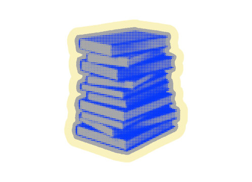 A tall stack of blue books piled up high with a glowing yellow aura effect around the edges representing learning and education for students and readers halftone sticker