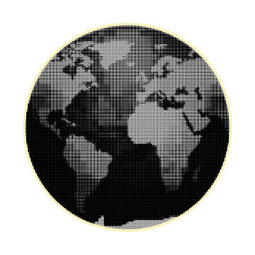 Black and grey round earth globe icon with a digital grid pattern representing global communication technology and international business connectivity concept halftone sticker
