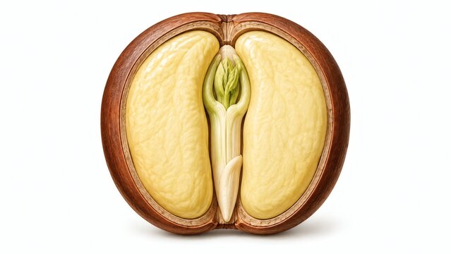 A cut open macadamia nut revealing its creamy interior and sprout.