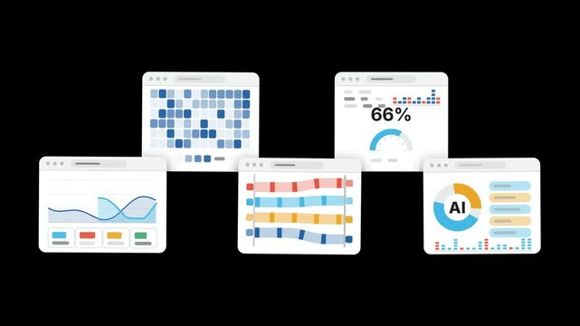 Dashboard Window Ribbon Widescreen Loop, White App Interface Card Row, Coral Cyan Amber UI Panel Accent, AI Analytics Software Mockup, SaaS Product Demo Background, Black Horizontal Data Motion