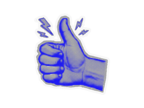Blue hand showing a thumbs up gesture with retro halftone comic book style effect for positive feedback and success concept on a simple graphic design halftone sticker