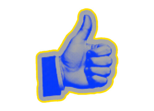Blue thumbs up hand gesture icon with a yellow glow outline effect representing social media like button or positive feedback agreement symbol for website halftone sticker