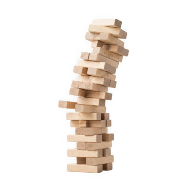 A precarious tower of wooden blocks with etched symbols isolated on transparent background