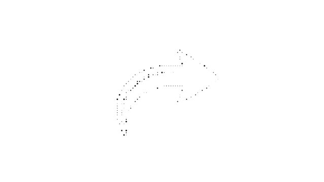 Curved arrow icon representing redirection or sharing action as stylized digital halftone pattern on empty background.