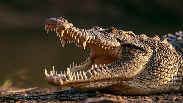 Crocodile reptile animal with open mouth showing sharp teeth resting ground natural habitat wildlife daylight warm light scene