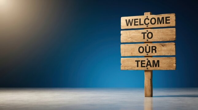 Rustic wooden welcome signpost on solid blue background perfect for corporate onboarding concepts.