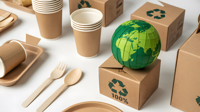 Eco friendly packaging concept photo. Kraft paper cups, cardboard boxes with recycle logos, wooden utensils, and a green paper craft globe on a white surface representing sustainable shipping