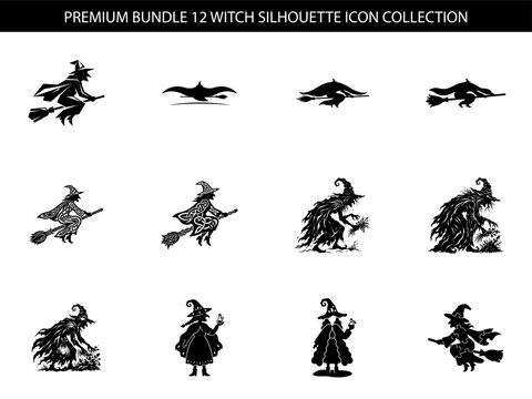 A comprehensive set of twelve unique witch characters displayed in a detailed black and white graphic design silhouette