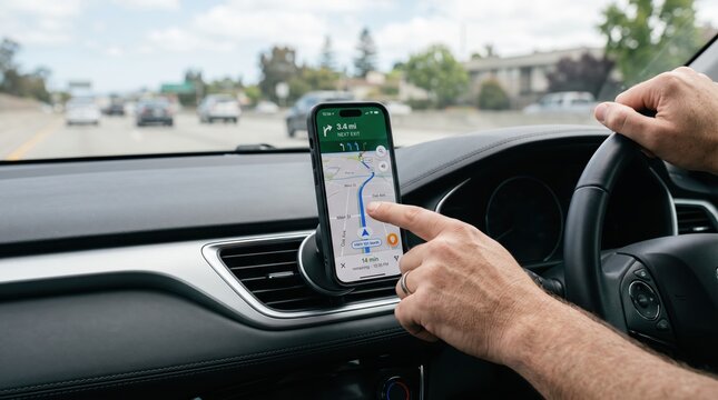 Male driver using smartphone navigation app with GPS map on dashboard while driving car on highway, pointing at screen for route guidance, travel direction, location tracking