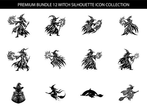 Collection of twelve detailed fantasy witch characters displayed in a distinctive black and white graphic silhouette