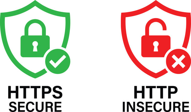 Secure https and insecure http web connection shield icons with padlock and checkmark symbols