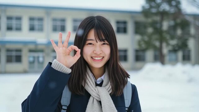 雪の校舎前でOKサインを作り微笑む女子高校生