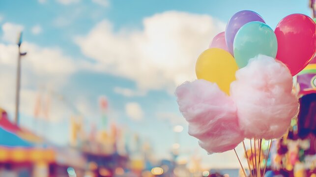 Colorful balloons and cotton candy at fair.