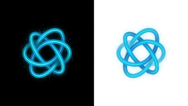 Glowing blue intertwined circular neon rings on both a black and a white background split