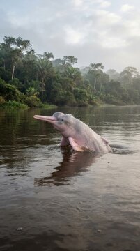 Pink Amazon River Dolphin Surfacing in Tropical Rainforest River in Brazil