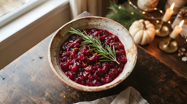 Homemade cranberry sauce with orange zest and rosemary in a rustic bowl on a wooden table with candles