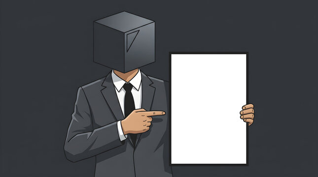 Corporate character with a cube head pointing at a blank vertical sign for business announcements