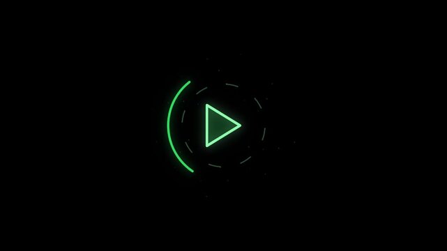 Green play button glowing on black background with futuristic circular animation motion.