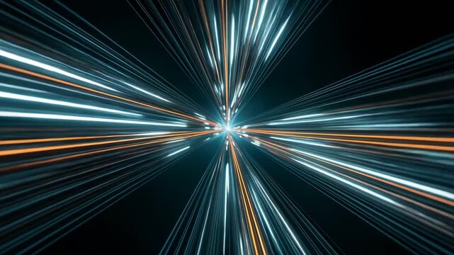 Light streak tunnel with dynamic futuristic glow in blue and orange converging toward bright center in dark space motion effect