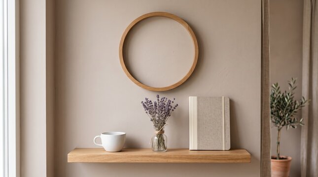 Minimalist interior design featuring a wooden floating shelf with a white ceramic mug, dried lavender flowers in a glass vase, and a beige linen journal, simple living, hygge style