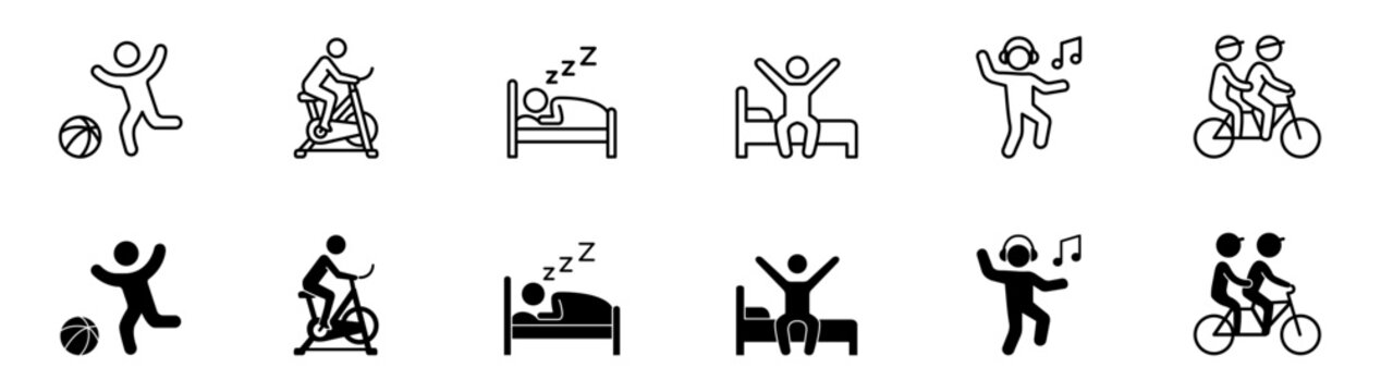 Daily routine, fitness, sleep tracking, and healthy lifestyle outline and solid vector icon set featuring sports, cycling, rest, morning stretch, music, and tandem ride.