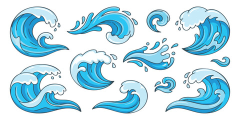 Fototapeta premium Set of blue sea water waves with foam splashes and swirls in a simple colorful cartoon hand drawn art style