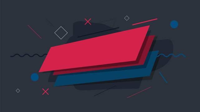 Tilted layered red and blue parallelograms creating a dynamic banner composition