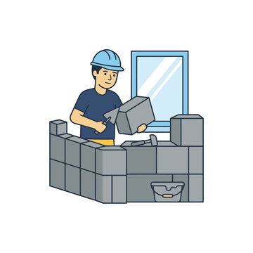 Cartoon construction worker building brick wall with trowel.