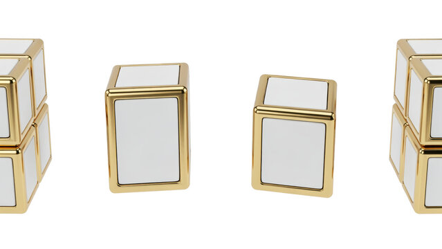 Four white cubes with polished gold metallic edges arranged in two groups isolated on a transparent background