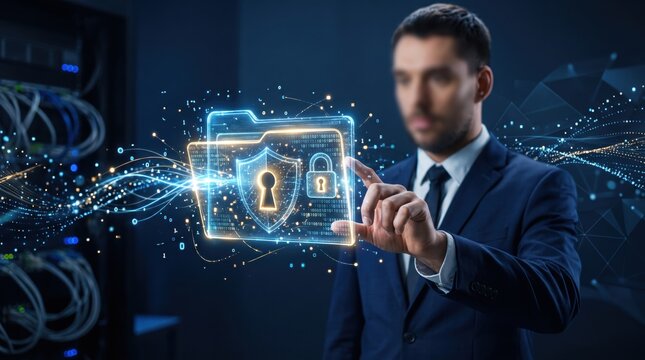 Futuristic cybersecurity featuring businessman touching glowing holographic folder icon with shield and lock symbols, data protection technology, digital security interface
