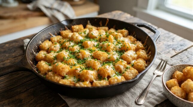 Skillet tater tots baking with melted cheese on wooden table
