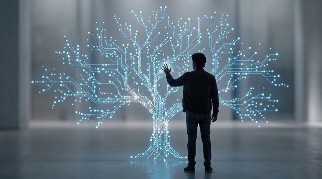 Man standing before giant glowing digital tree made of circuit board lines and nodes, representing artificial intelligence, future technology innovation, data network growth