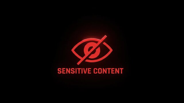 Red glowing sensitive content warning icon with hidden eye symbol on black background