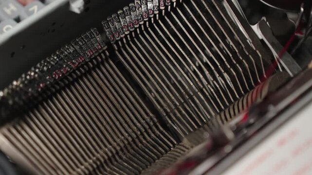 Close up shot of vintage typewriter keys striking against ribbon and paper mechanism.