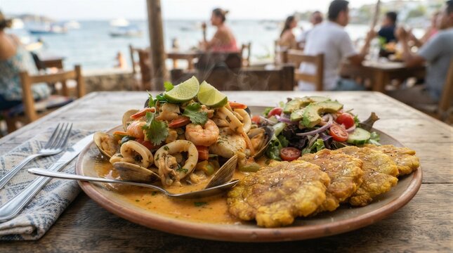 Seafood platter with tostones served on wooden table by seaside