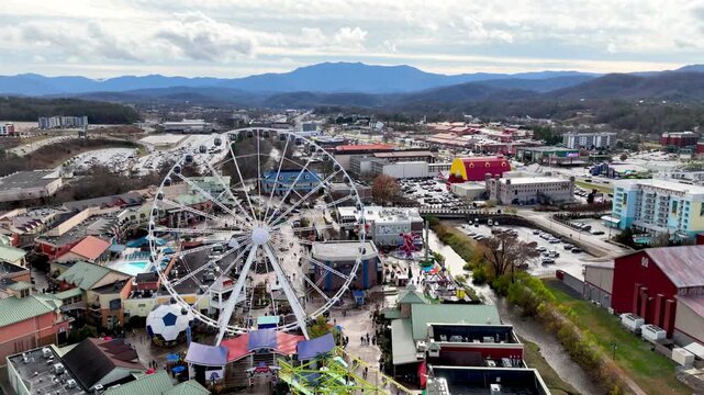 Aerial view of Pigeon Forge ferris wheel at The Island entertainment center in Tennessee.