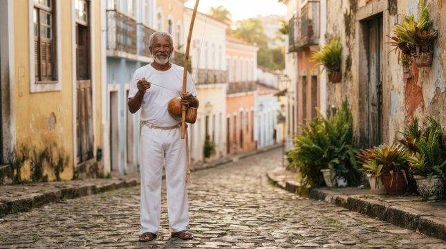 Senior Man Walking Through a Colorful Colonial Street in Brazil