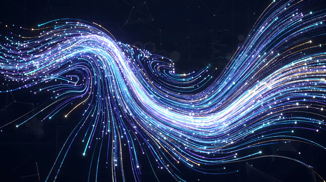 Abstract blue light trails and particle streams representing digital connection.