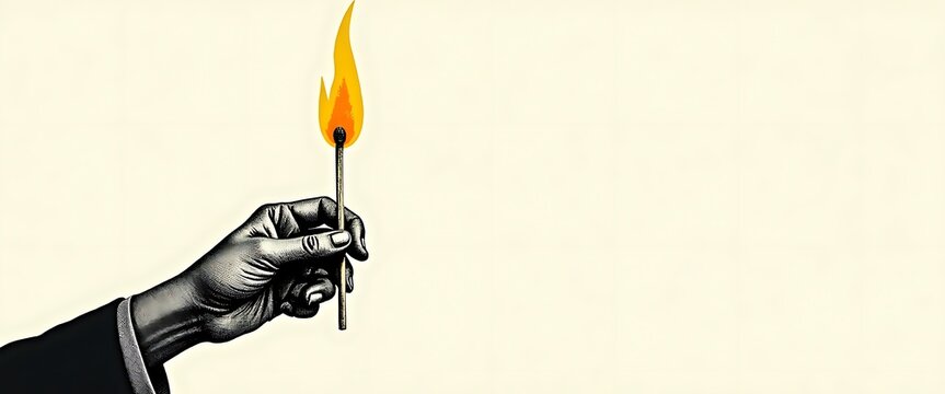 Person's hand wearing suit holding lit match stick with bright fire on light background.