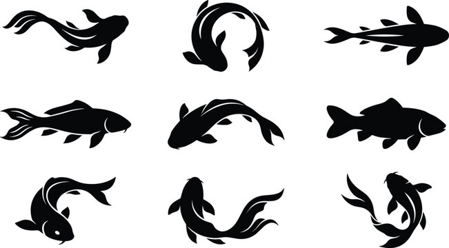 Koi fish silhouette collection, ornamental pond and Japanese carp swimming icons set, vector illustration bundle design graphics