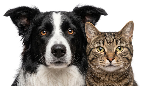 Border Collie dog and tabby cat portrait, domestic pets together on white background, animal friendship and veterinary care concept