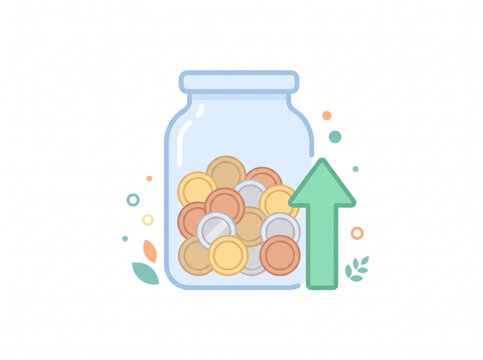 Glass jar filled with coins and green arrow pointing up representing financial savings growth
